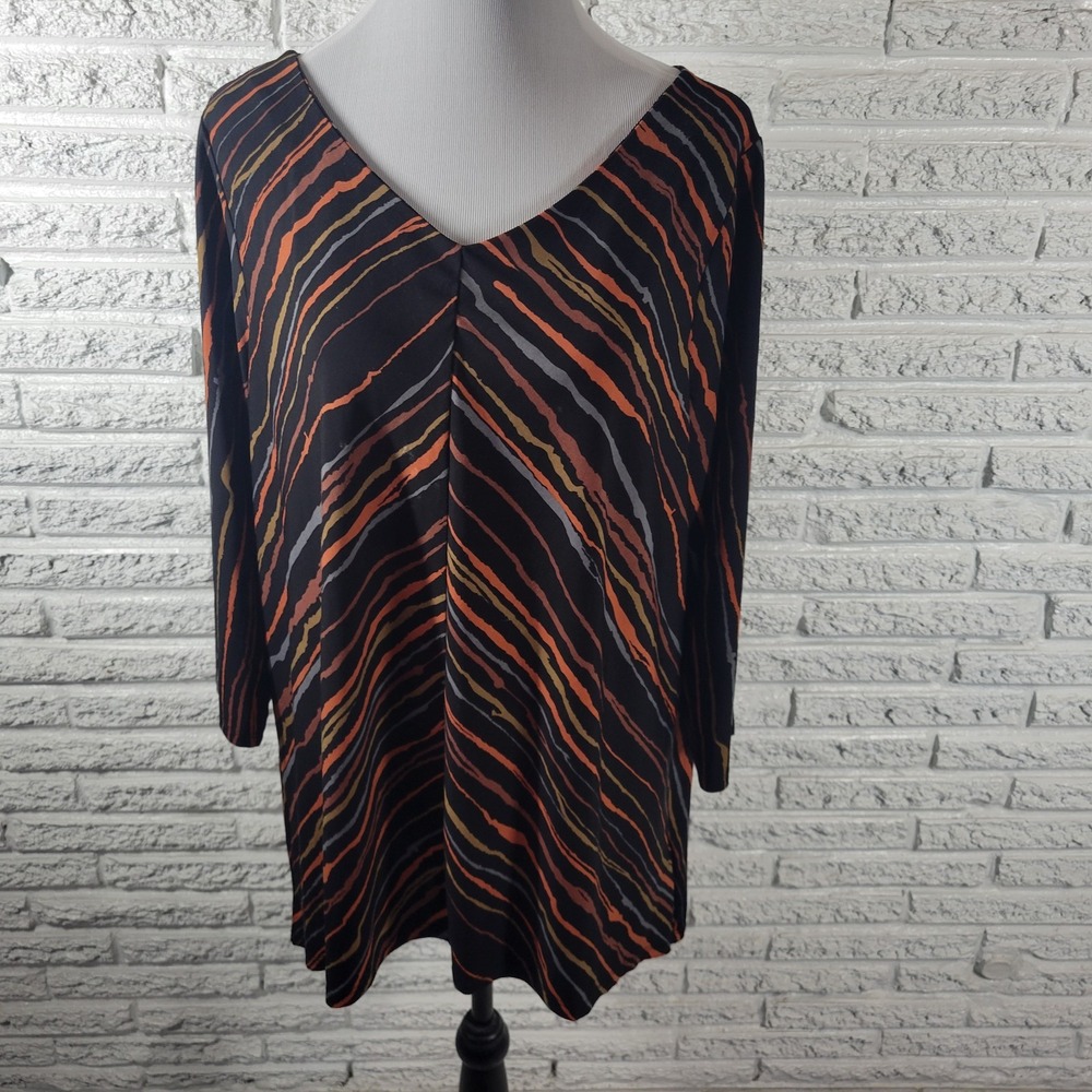 Bob Mackie Wearable Art Womens 1X Striped V-Neck 3/4 Sleeve Blouse Top Casual